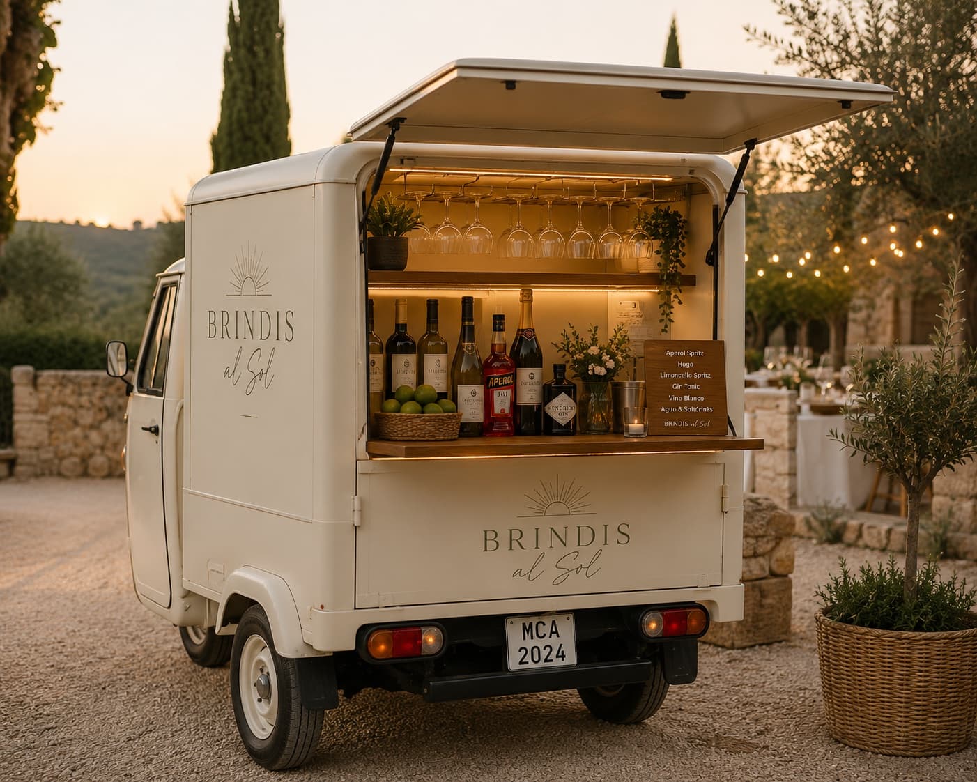 Brindis al Sol mobile Ape bar at a Mallorca finca during sunset