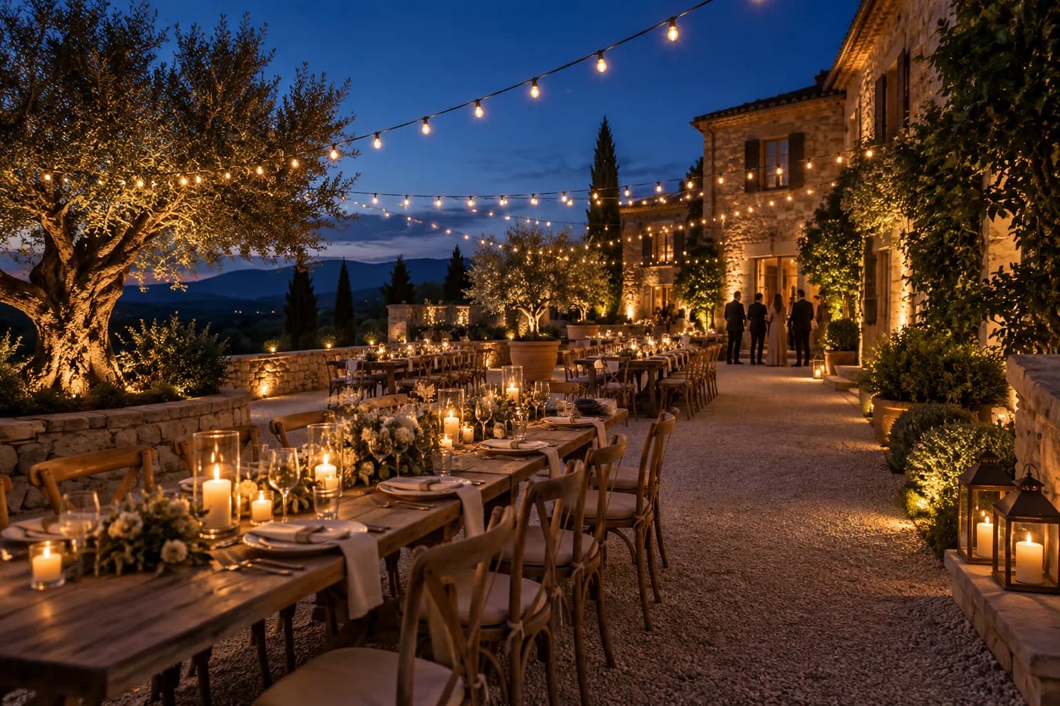 Warm event lighting at a Mallorca finca during blue hour