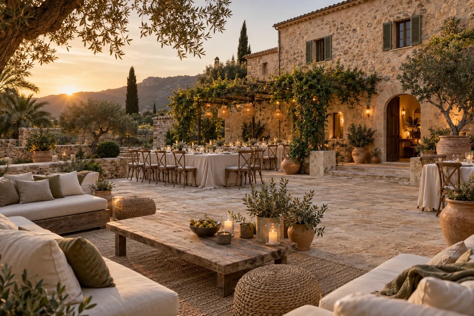 Mallorca finca courtyard styled with lounge seating, linen tables and candlelight