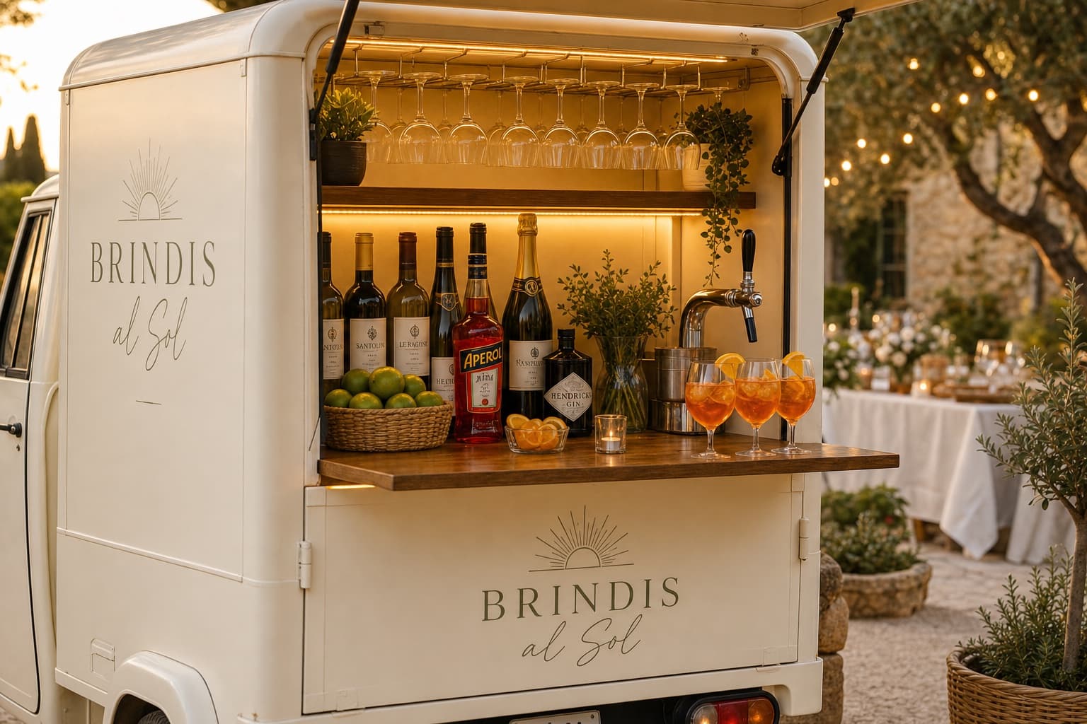 Aperol bar, beer tap and glassware inside Brindis al Sol