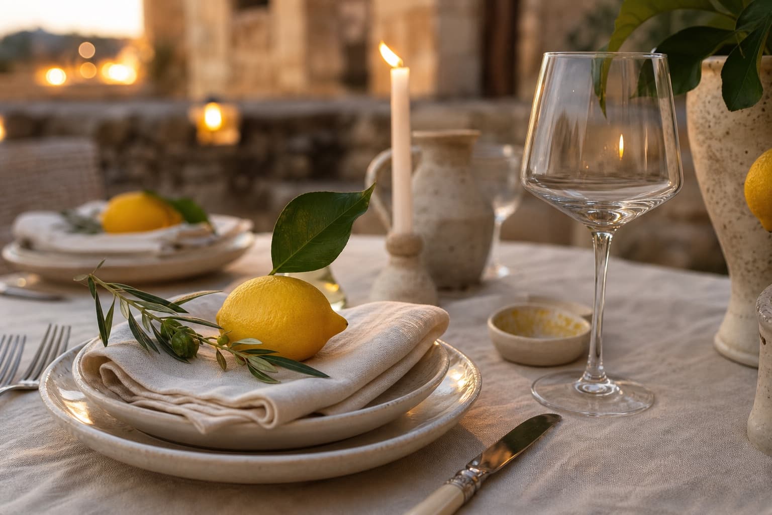 Lemon setting detail with linen and ceramics